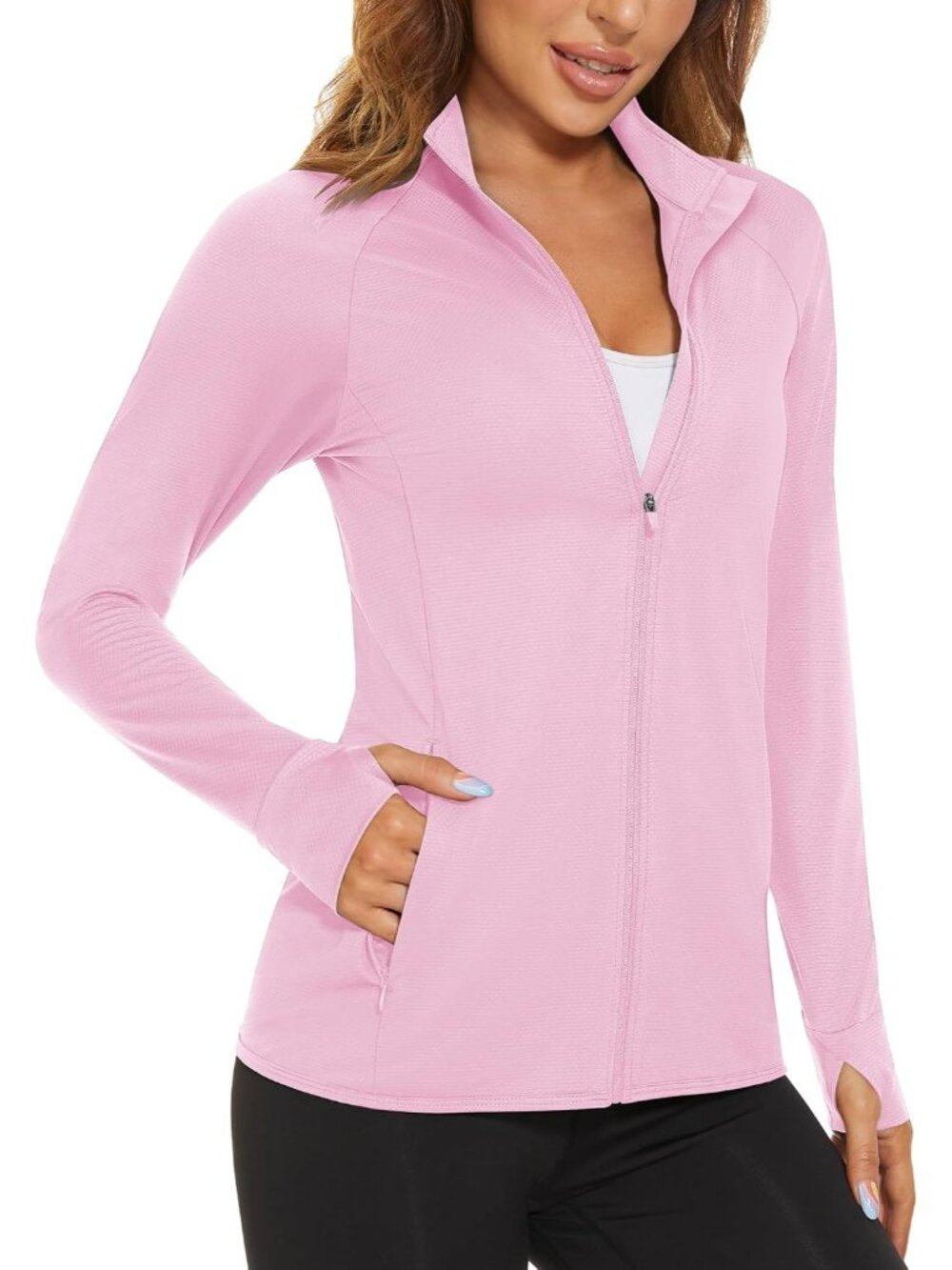 Women's Pink Full-zip High Neck Side Pockets Long Sleeve Plain Athletic Jacket